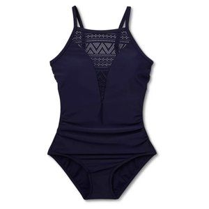 NWT Women's UPF 50 Crochet High Neck One Piece Swimsuit